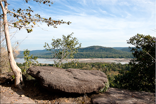 Landscape with large rock overlooking the Mekong and Laos, Pha Taem NP