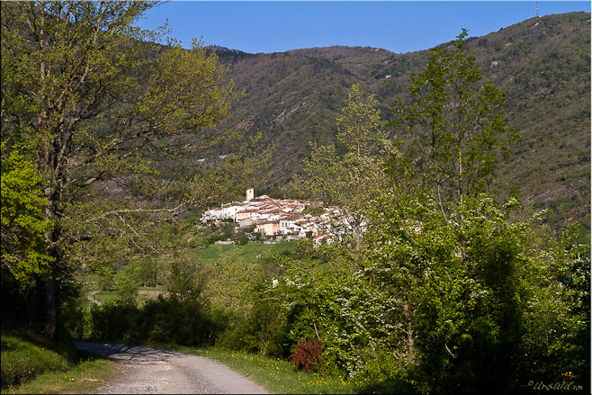 View of Ginoles, small Pyrenean village, set in the mountain foothills.