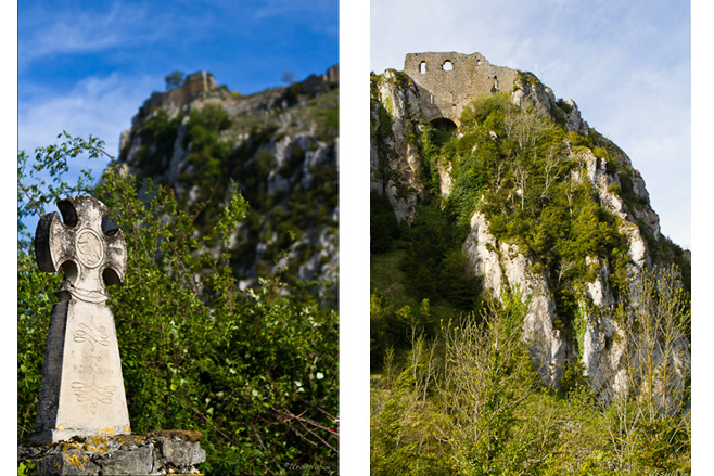 Composite: Stone cross and fortress ruins on a hill