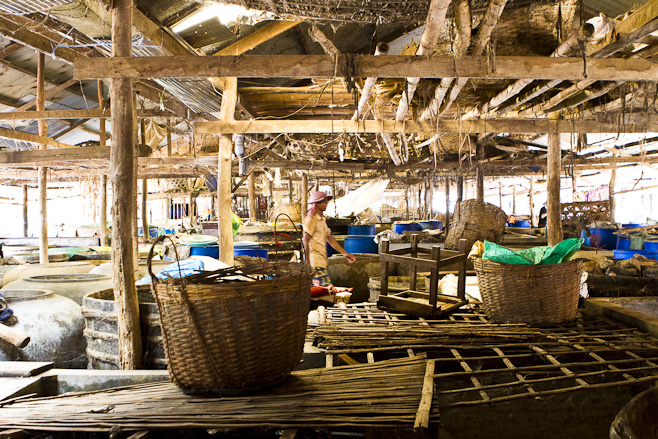 Clay pots, wooden beams and wicker baskets in a khmer fish-paste factory.