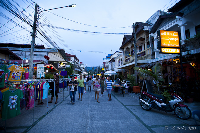 Twilight view of a Thai market street