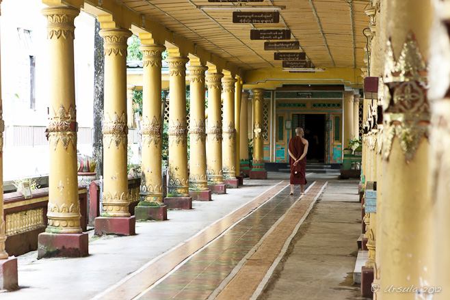 A lone monk walks down a quiet corridor, bounded by gold pillars. Kyahkatwine Monastery, Bago, Myanmar