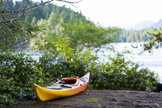 Yellow plastic Kayak at Rest on dirt overlooking Skookumchuk Narrows, BC, Canada