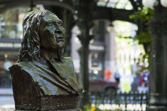 Bust of Chief Seattle in Pioneer Square, Seattle, WA, USA