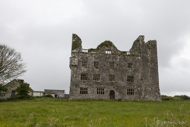 View of the Leamenagh Castle ruins under a grey sky. Co Clare, Ireland