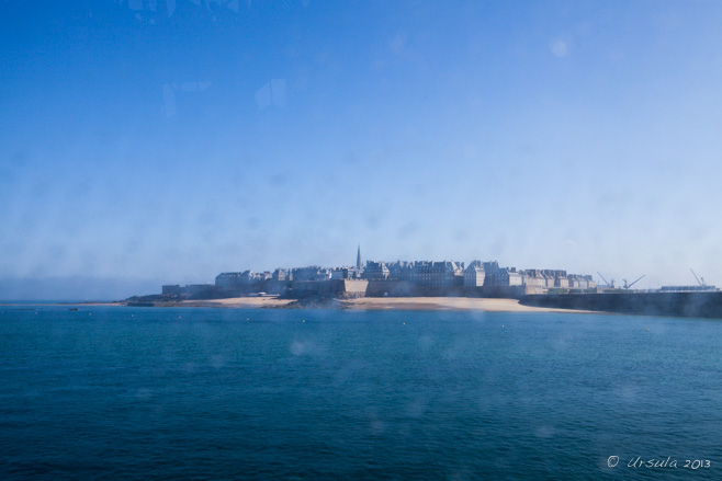 View of Saint-Malo from a wet, smeary, Condor ferry window, Bretagne, France