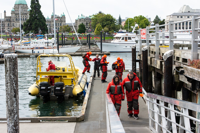 A yellow Zodiak in Victoria Harbour; people in red Mustang Survival flotation suits.