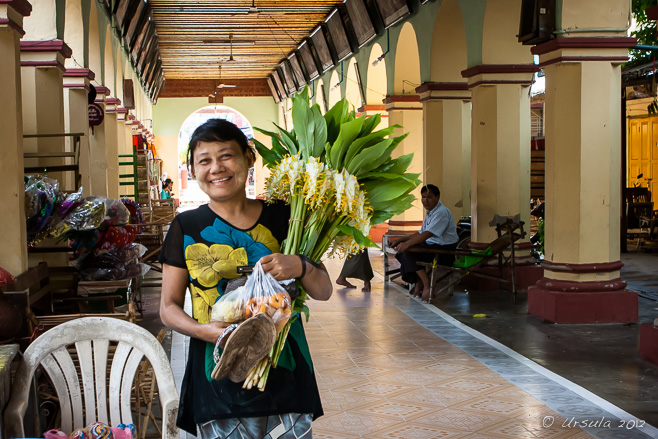 With her shoes in her hands, a young burmese woman walks through a Burmese Buddhist temple with a large bunch of weeping goldsmith flowers, Mandalay.