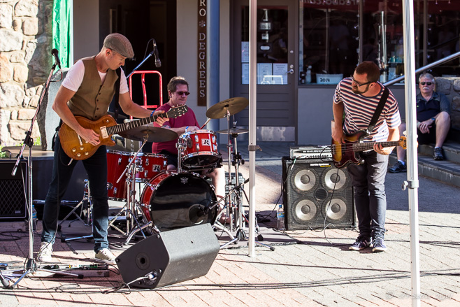 Jimi Hocking’s Blues Machine playing in Thredbo Village Square sunshine, Australia