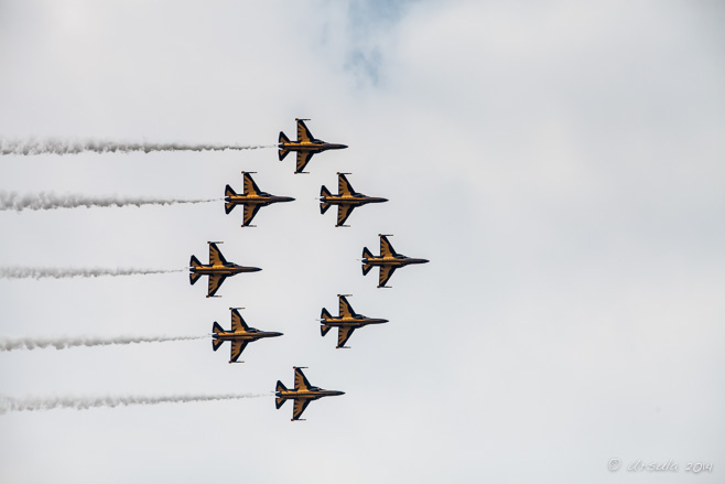 Eight gold and black supersonic T-50s in tight diamond formation,  Singapore Airshow 2014