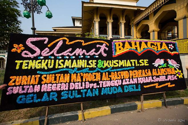 Selamat Bahagia billboard made from colourful flowers, Medan, Indonesia