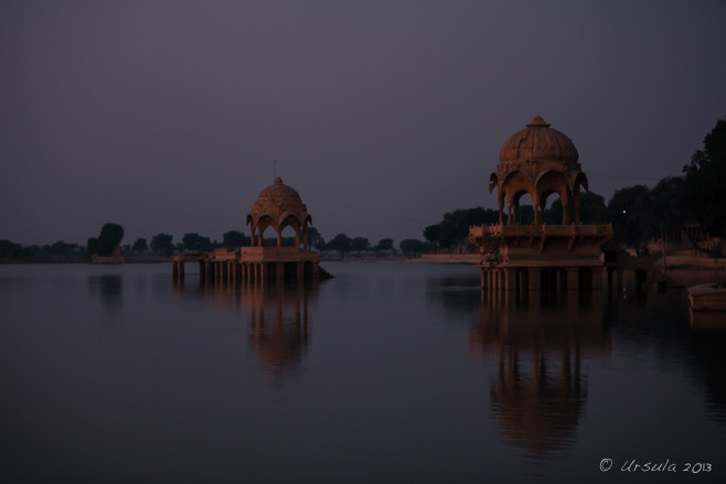 Pavilions on Gadsisar Lake, Jaisalmer, in the pre-dawn dark.