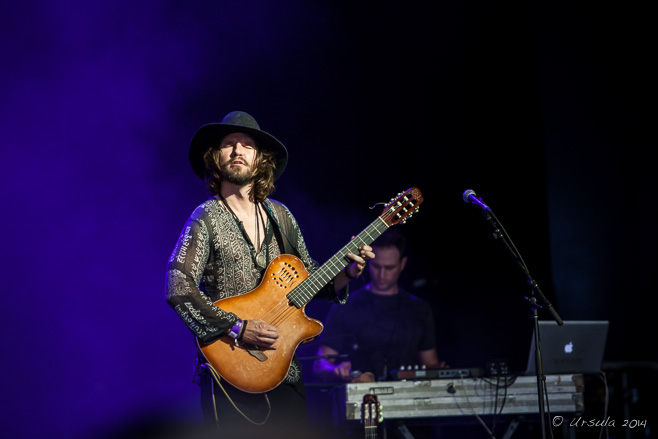 Guitar and keyboard players on stage, Tijuana Cartel, Bluesfest 2014, Byron Bay