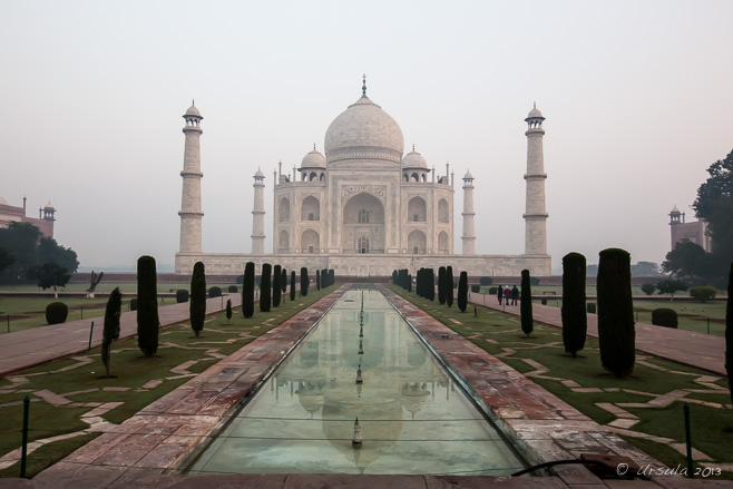 Morning view of the Taj Mahal and the reflecting pond, Agra India