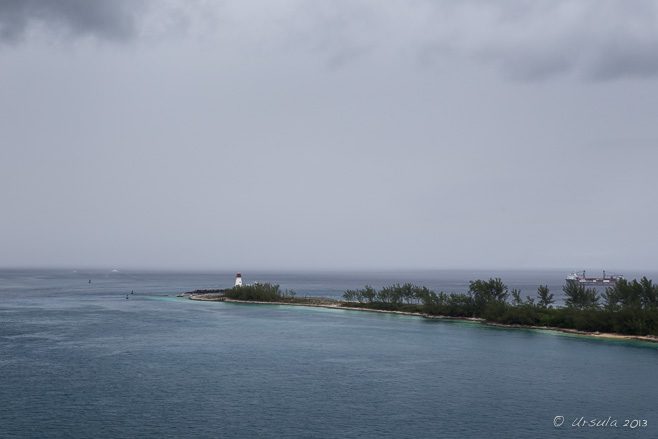 View of Paradise Island Light, Nassau, taken from the deck of a ship docked at Prince George Wharf