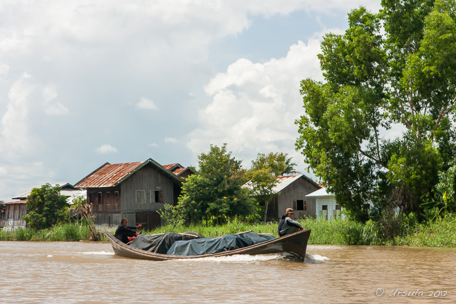 Loaded motorboat on Inle Lake, Myanmar