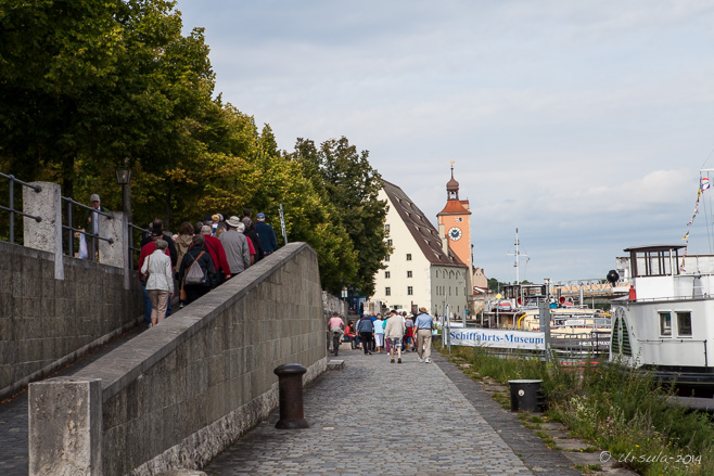 View along a walkway on the canal-boat dock, Regensburg DR