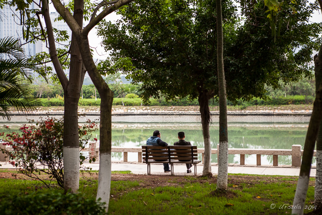 Two men on a bench, silhouetted against Yundang Waihu, Xiamen China