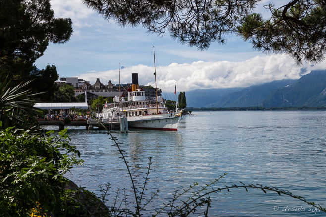Large Boat on Lake Geneva docked at Montreux, Switzerland