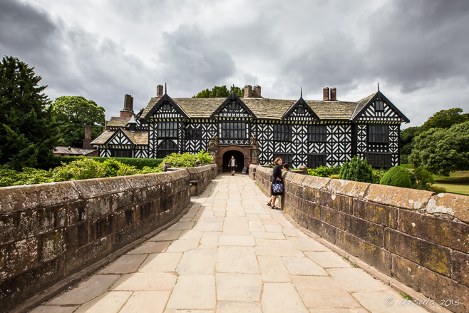 Speke Hall, Liverpool from the entrance bridge, UK