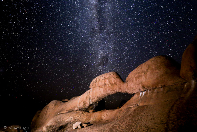 The Bridge rock formation under stars, Spitzkoppe, Namib desert, Namibia 