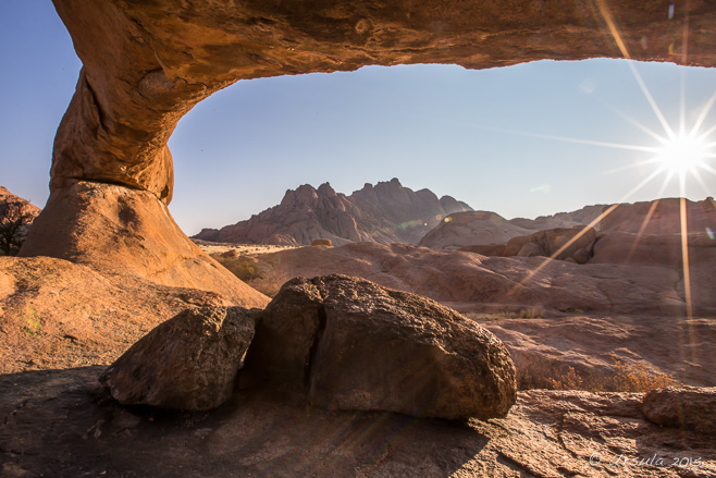 View of the Pontoks from The Rock Bridge, Spitzkoppe, Namibia