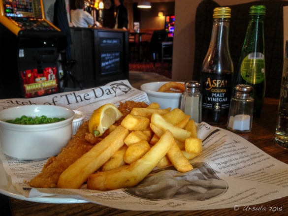 Fish and Chips on newspaper, Hereford pub, UK