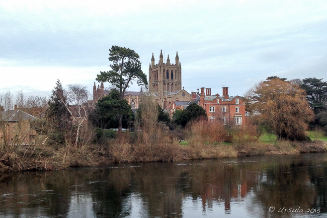 Hereford Cathedral from the south bank of the River Wye, UK