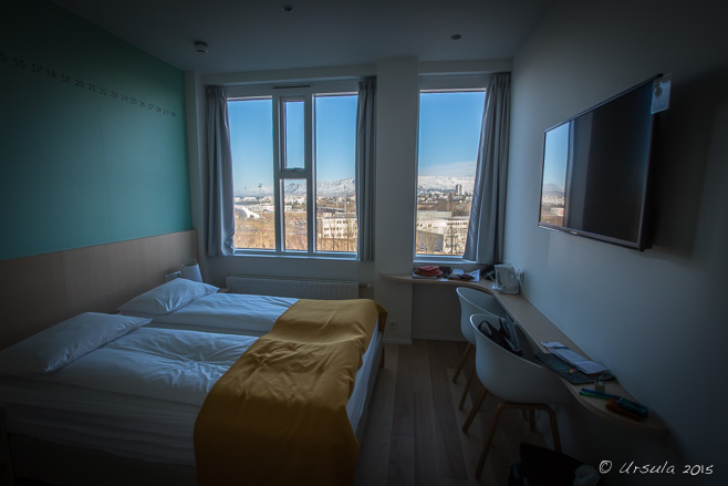 Hotel room overlooking Reykjavík landscape, Iceland