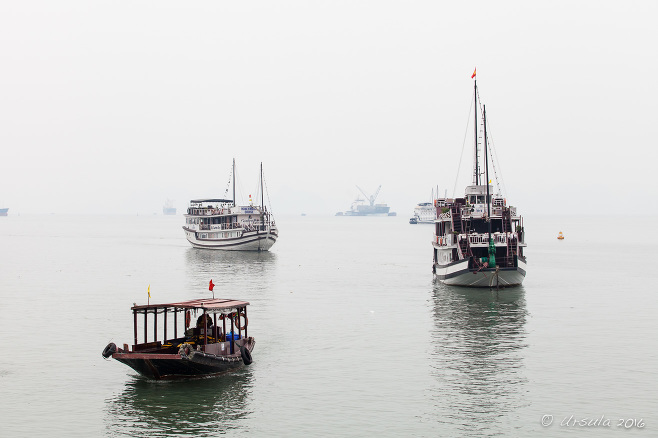 Tenders and boats on Hon Gai Harbour, Halong City Vietnam