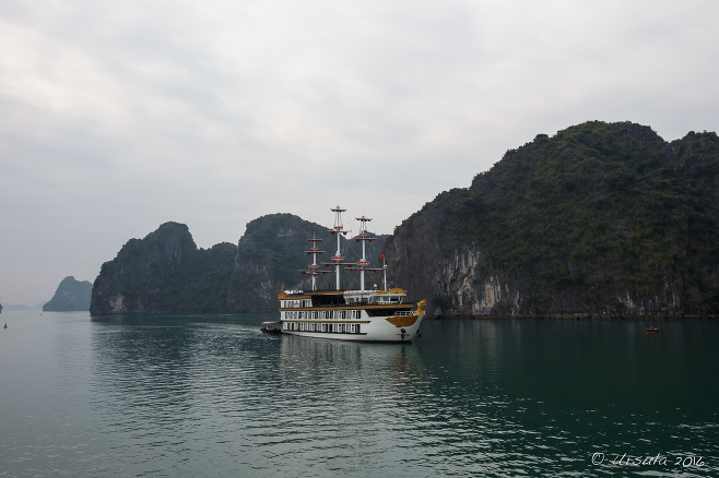 Tourist junk in Bai Tu Long Bay, Vietnam