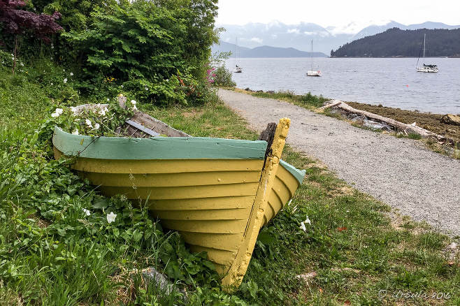 Yellow wooden rowboat on the grass - Gibsons BC