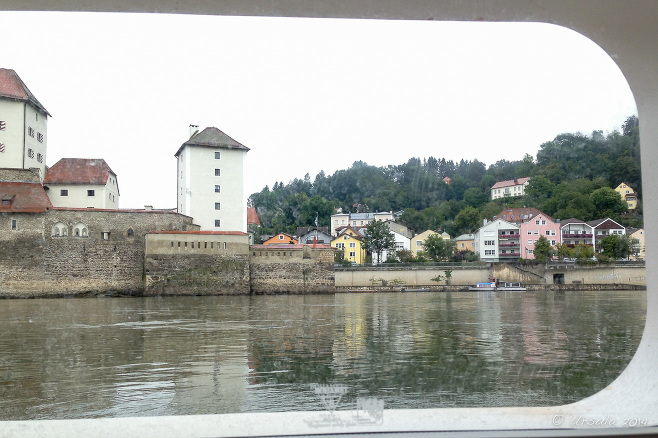 Old Passau from a canal boat portal on the Danube River, Germany