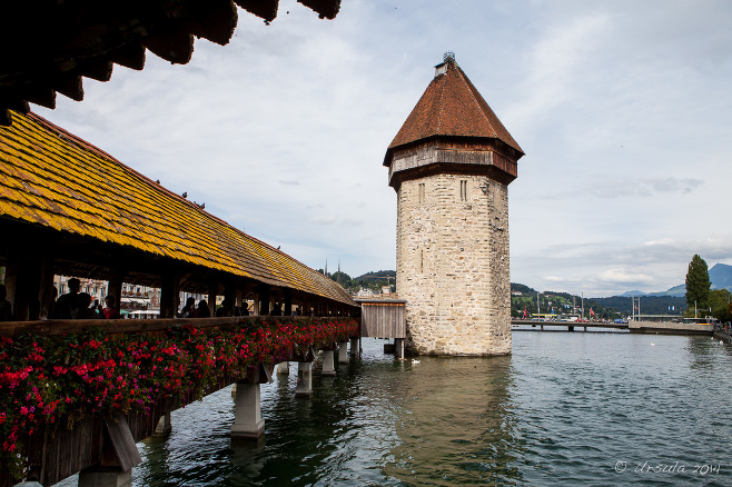 The octagonal water tower from the Chapel Bridge, Lucerne Switzerland