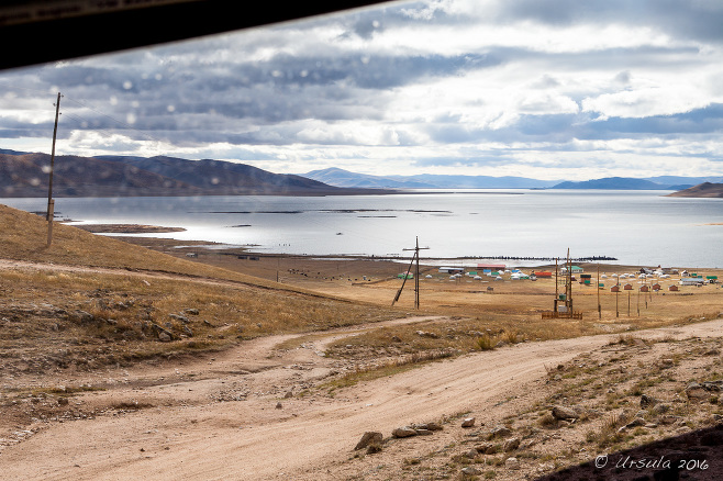 View from a UAZ windscreen 0ver Great White Lake, Mongolia