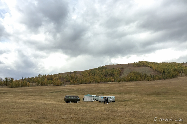 UAZ four-wheel drives on the grass, Tarvagatai Mountains National Park, Zavkhan Mongolia