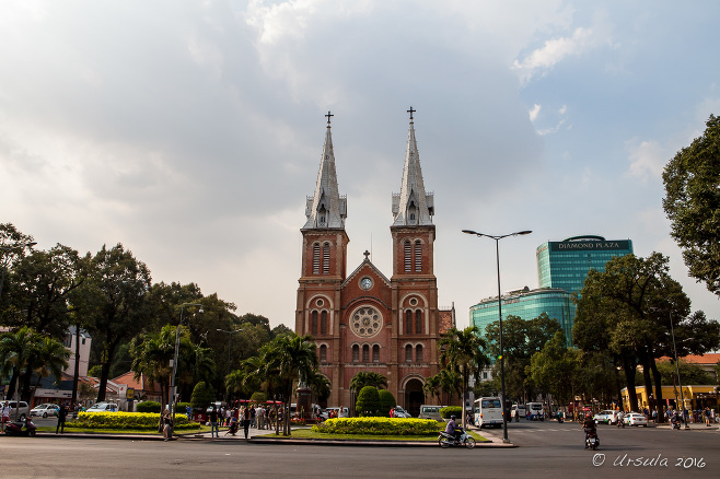 Notre Dame Cathedral Nhà Thờ Đức Bà from the road, Ho Chi Minh City Vietnam