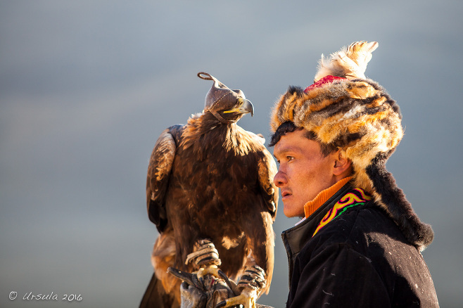 Portrait of a Kazakh eagle hunter and his hooded golden eagle, Bayan-Ölgii, Mongolia