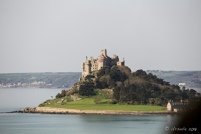 View of St Michaels Mount from a tour bus, Cornwall UK.