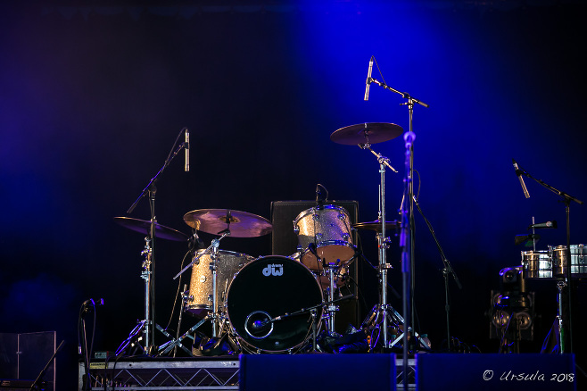 Drum Kit under lights on a stage at Byron Bay Bluesfest 2018, AU