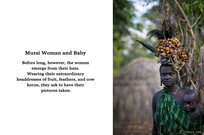 Mursi Woman in a headdress of fruit, feathers and horns, with a Baby, Ethiopia