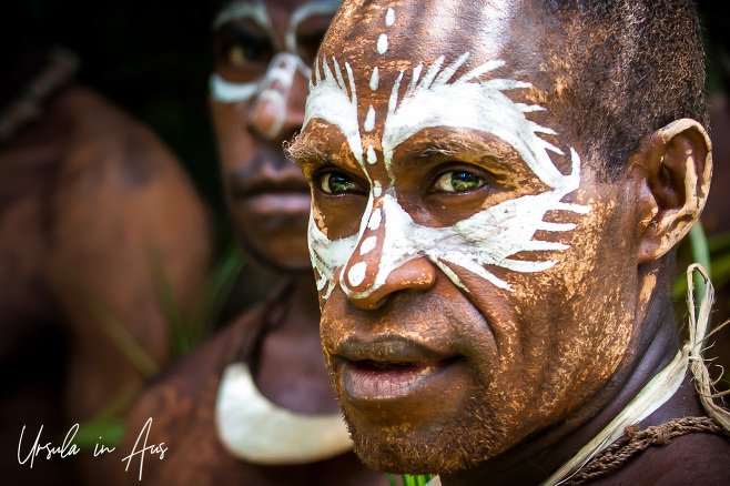 Portrait: Papua New Guinea Men in Wild Duck face paint, Kanganaman Village, PNG