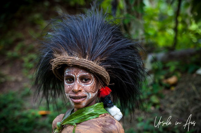 Papuan boy in Face Paint and Feathered headdress, Kanganaman Village, PNG