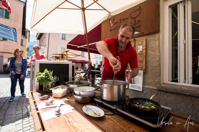 Orlando Lardi making pizzoccheri outside Hostaria del Borgo, Poschiavo, Switzerland