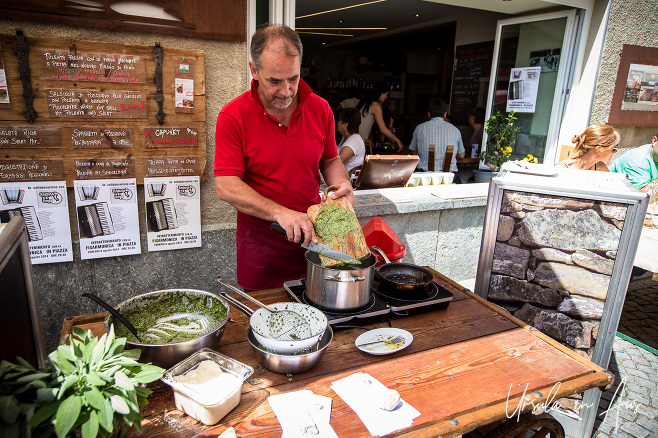 Orlando Lardi making pizzoccheri outside Hostaria del Borgo, Poschiavo, Switzerland