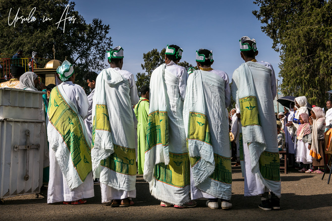 Ethiopian men in Orthodox robes and crowns, Entoto Maryam Church