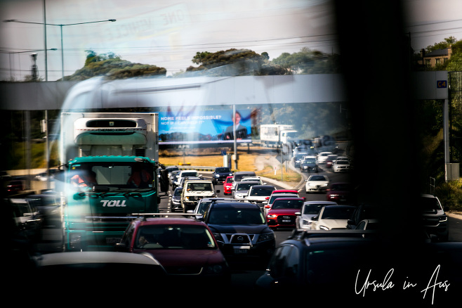 Melbourne Saturday morning Traffic from inside a bus, Australia