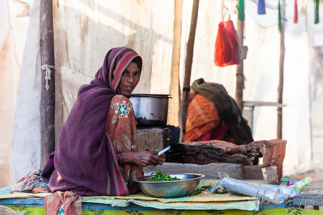 Indian woman cutting vegetables, Pushkar India