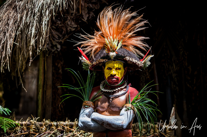 Huli Wigman in full paint and headdress, Paiya Village Papua New Guinea