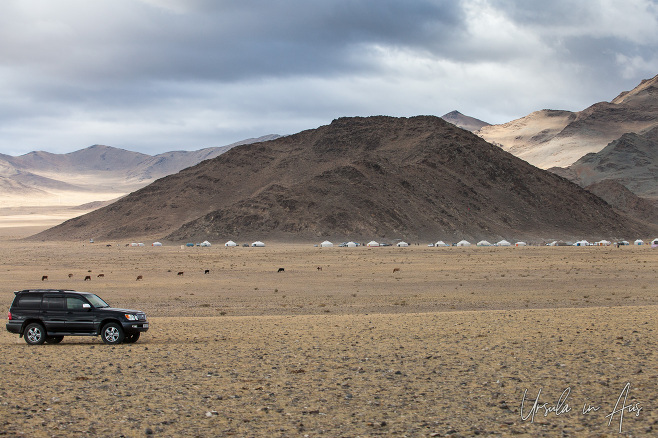 Mongolian gers in the distance, Golden Eagle Festival, Olgii Mongolia